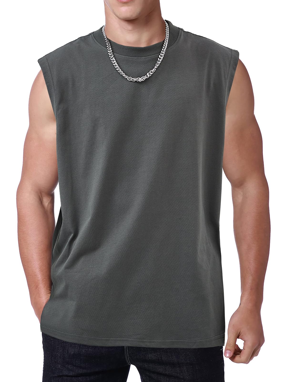 SnowElve Mens Workout Tank Tops Sleeveless Tee Shirts Men Muscle Shirt Gym Acid Wash T Shirts Running Beach Loose Fit Tee