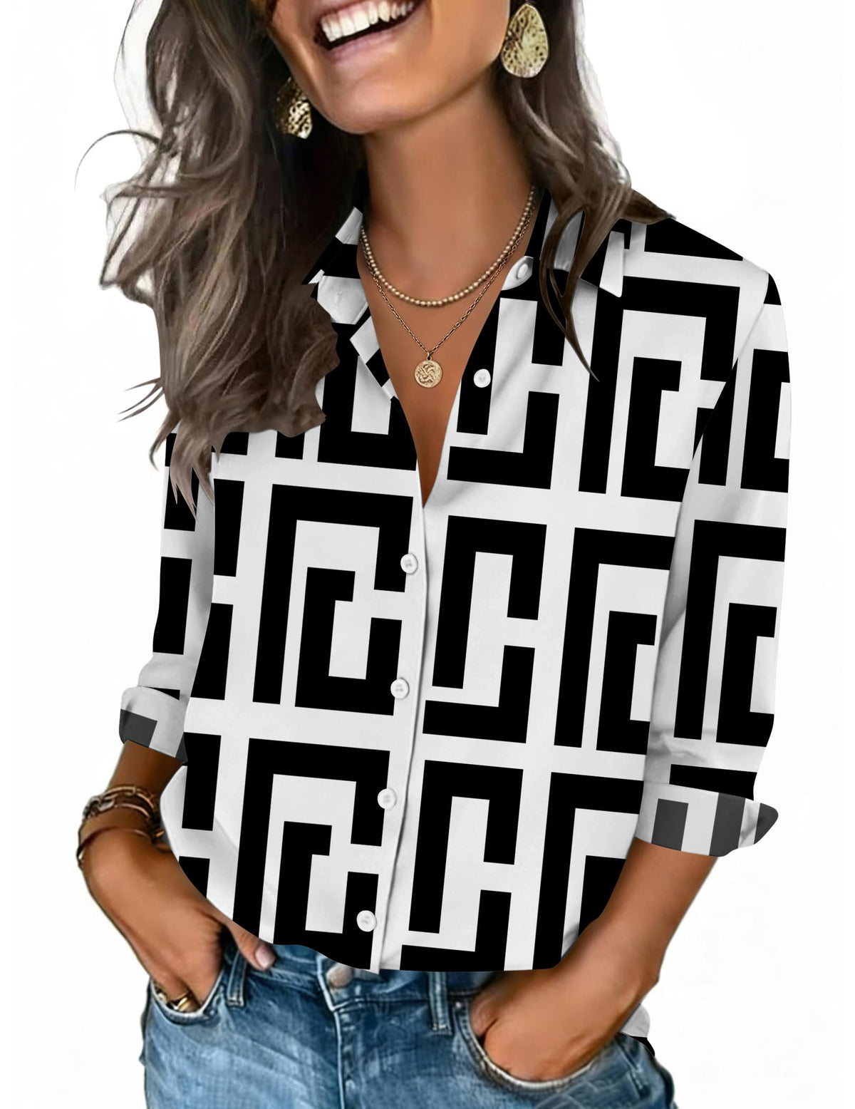 Zeagoo Women's V-Neck 3/4 Sleeve Button-Down Blouse