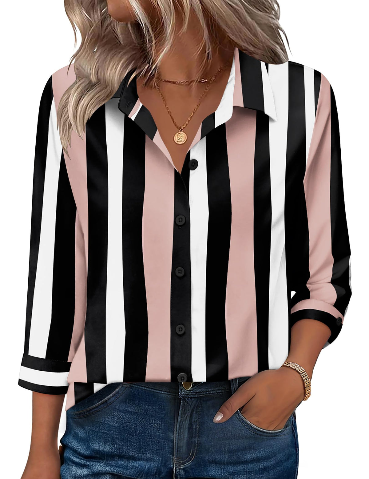 Zeagoo Women's V-Neck 3/4 Sleeve Button-Down Blouse