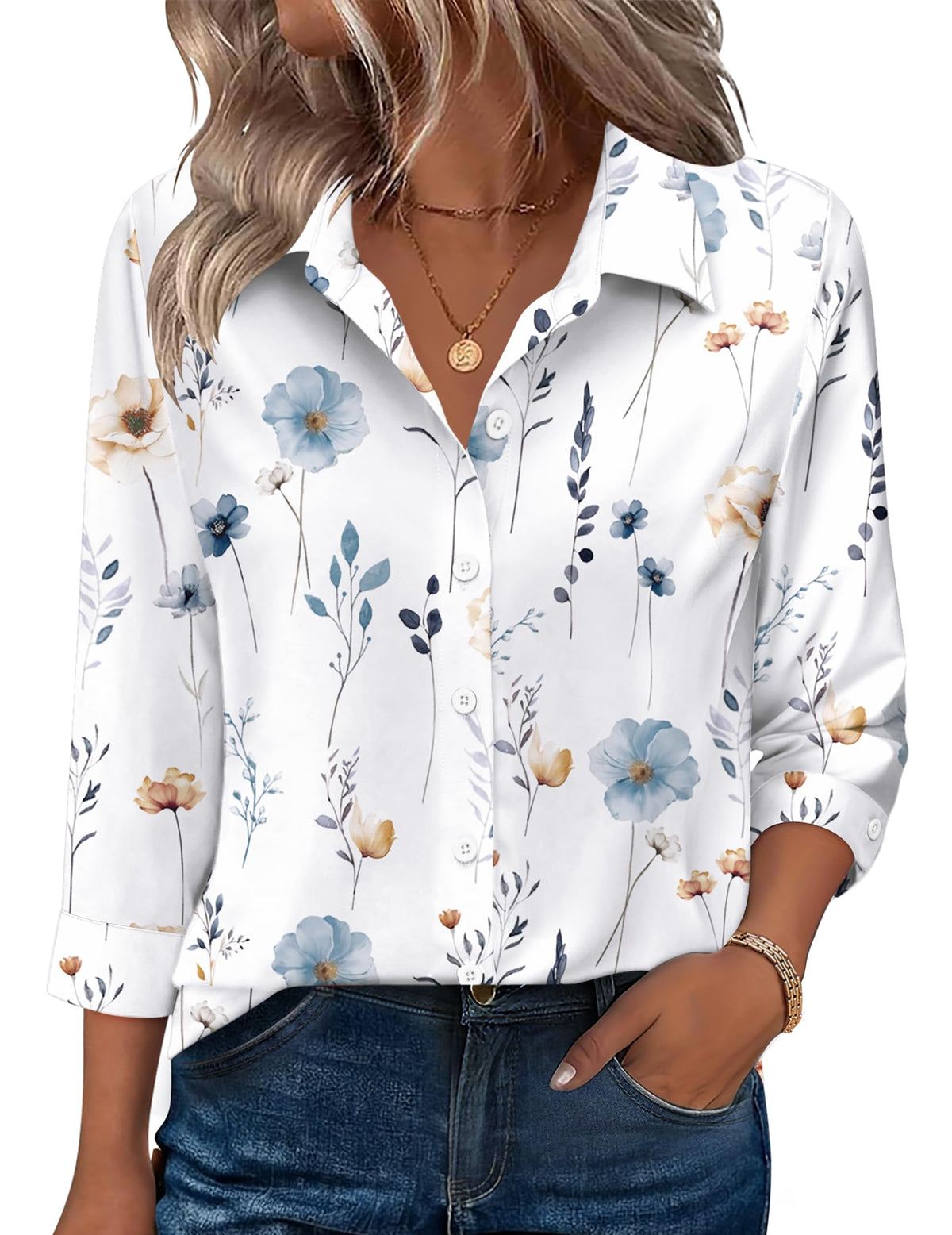Zeagoo Women's V-Neck 3/4 Sleeve Button-Down Blouse