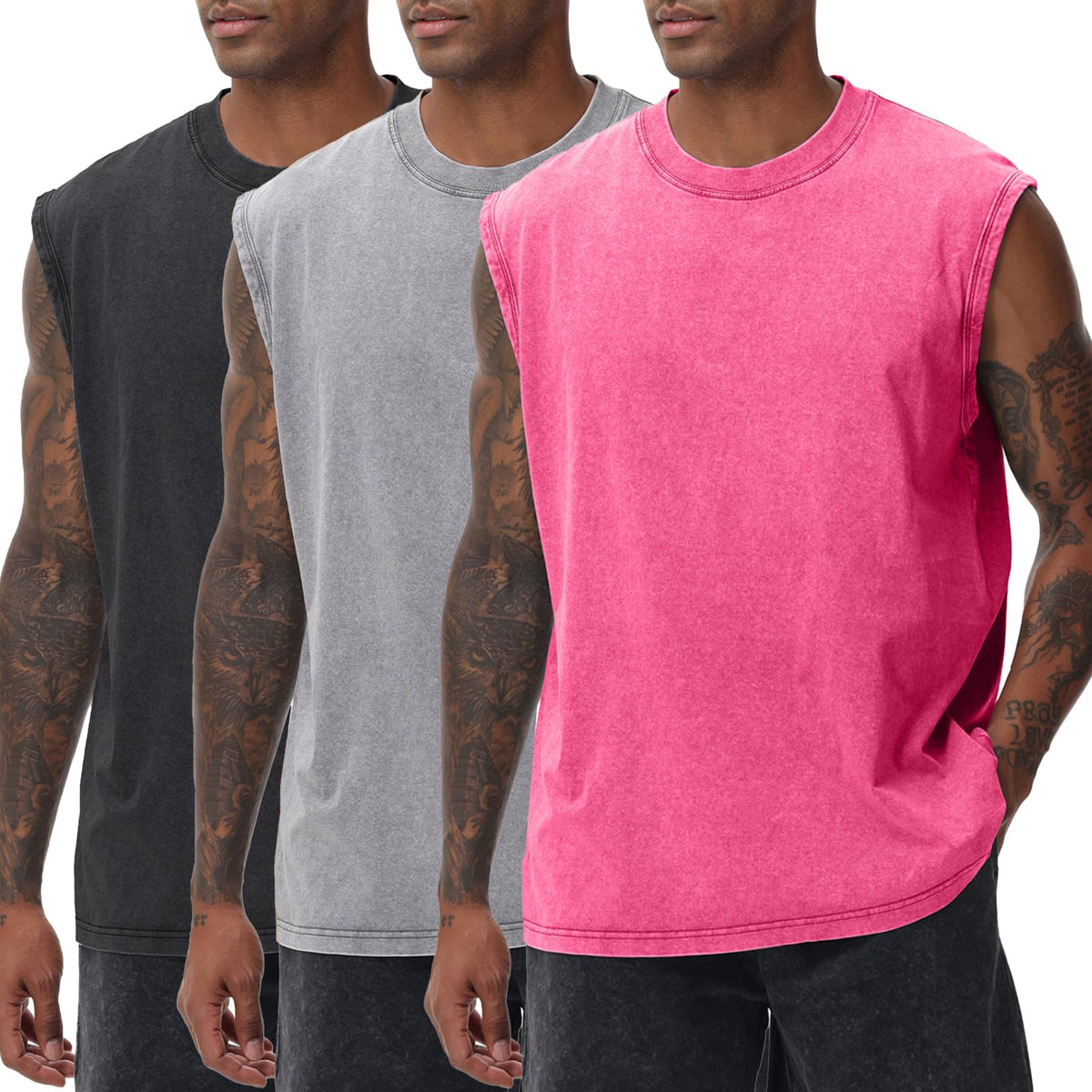 SnowElve Mens Workout Tank Tops Sleeveless Tee Shirts Men Muscle Shirt Gym Acid Wash T Shirts Running Beach Loose Fit Tee