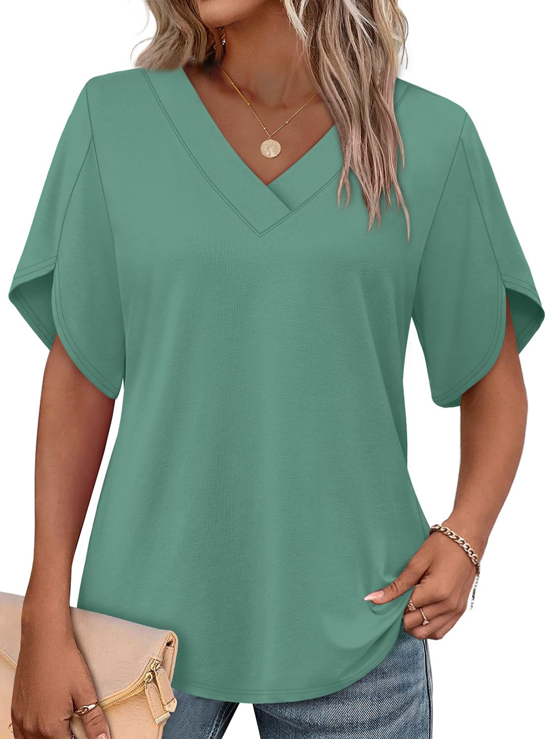 WIHOLL Women's V-Neck Petal Sleeve Summer Blouse Top