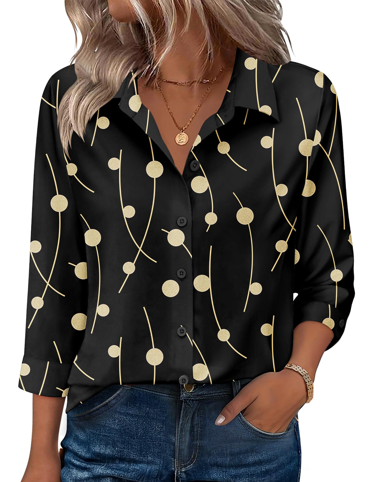 Zeagoo Women's V-Neck 3/4 Sleeve Button-Down Blouse