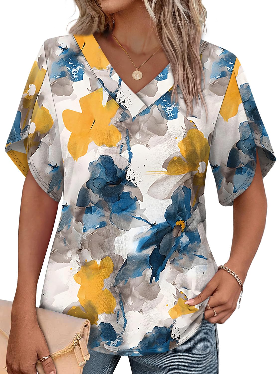 WIHOLL Women's V-Neck Petal Sleeve Summer Blouse Top
