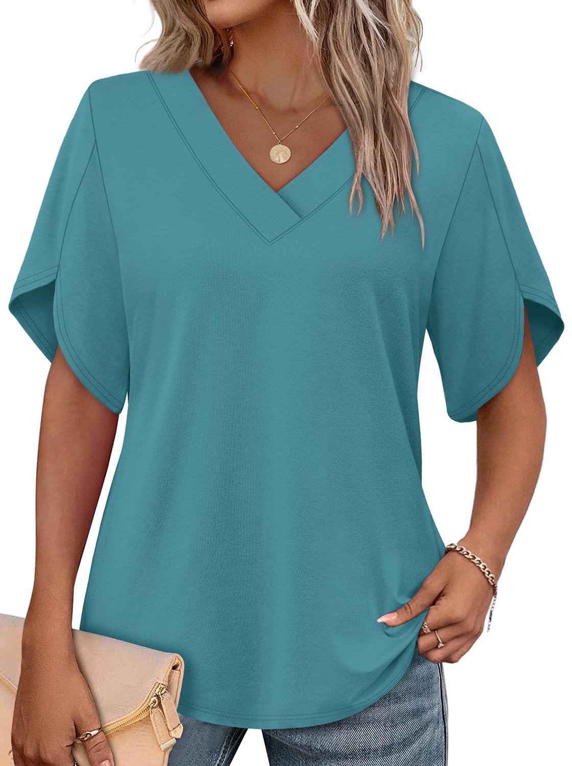 WIHOLL Women's V-Neck Petal Sleeve Summer Blouse Top