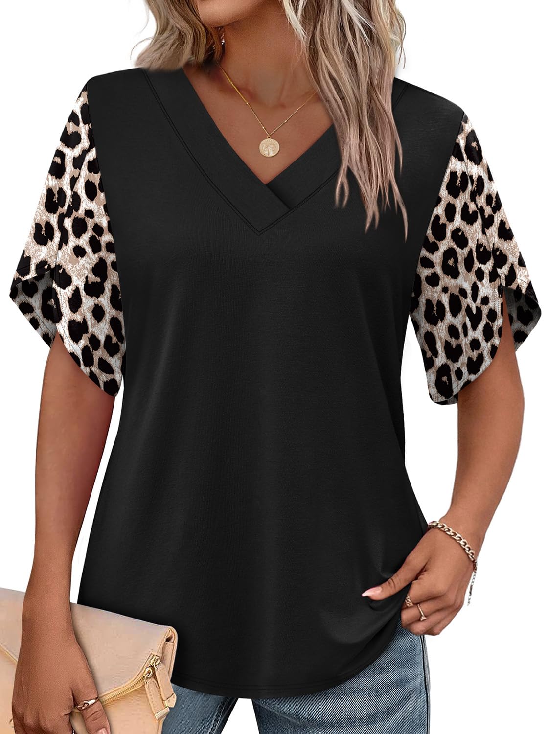 WIHOLL Women's V-Neck Petal Sleeve Summer Blouse Top