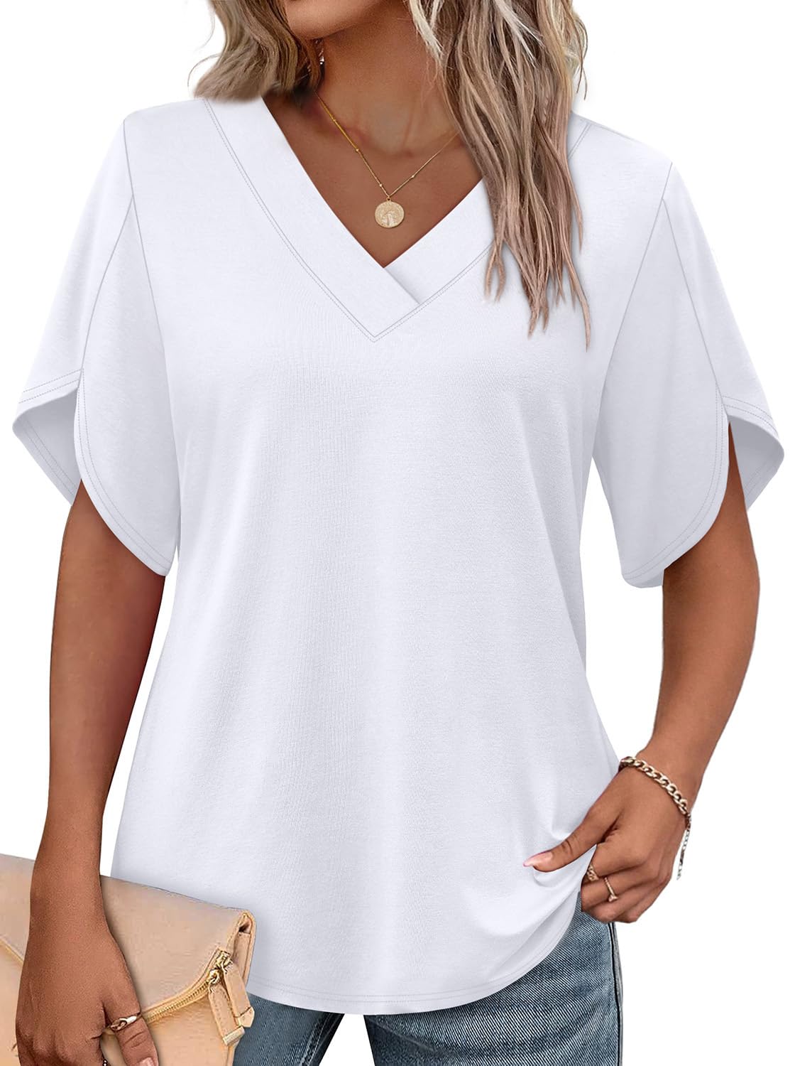 WIHOLL Women's V-Neck Petal Sleeve Summer Blouse Top