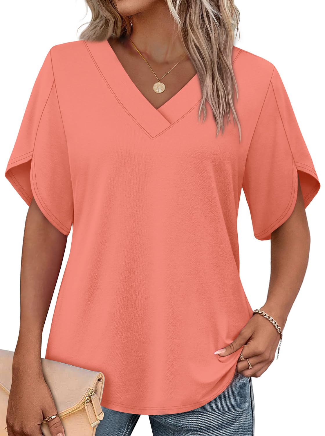 WIHOLL Women's V-Neck Petal Sleeve Summer Blouse Top