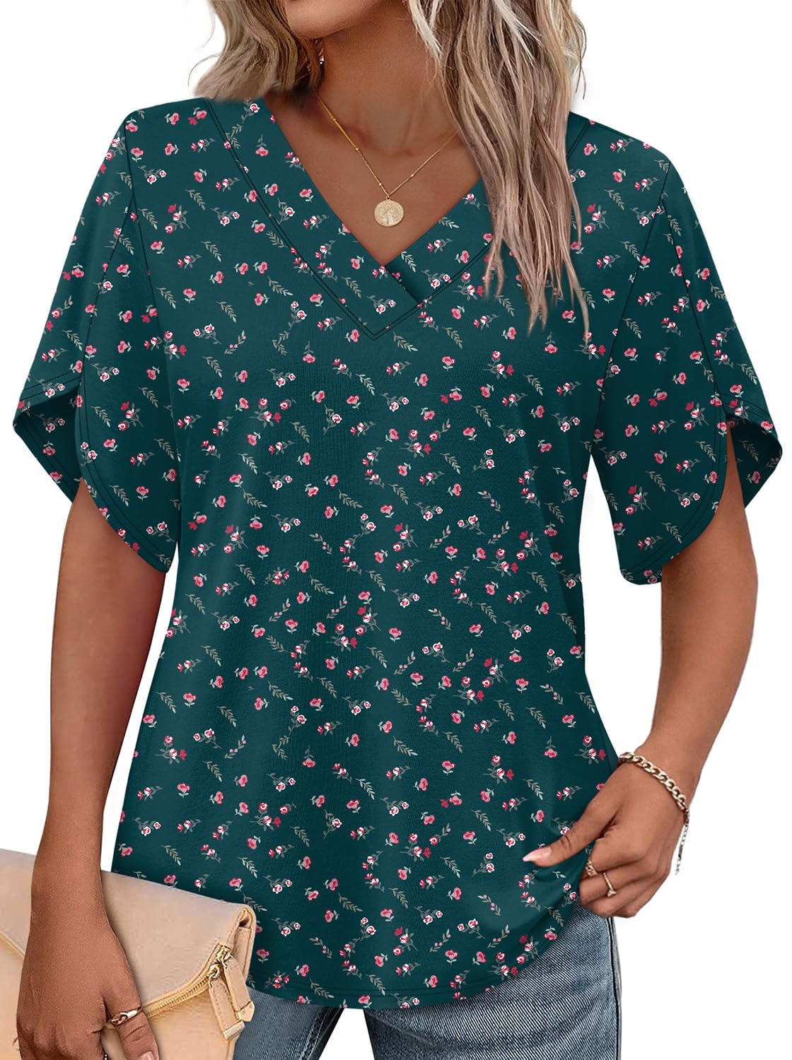 WIHOLL Women's V-Neck Petal Sleeve Summer Blouse Top