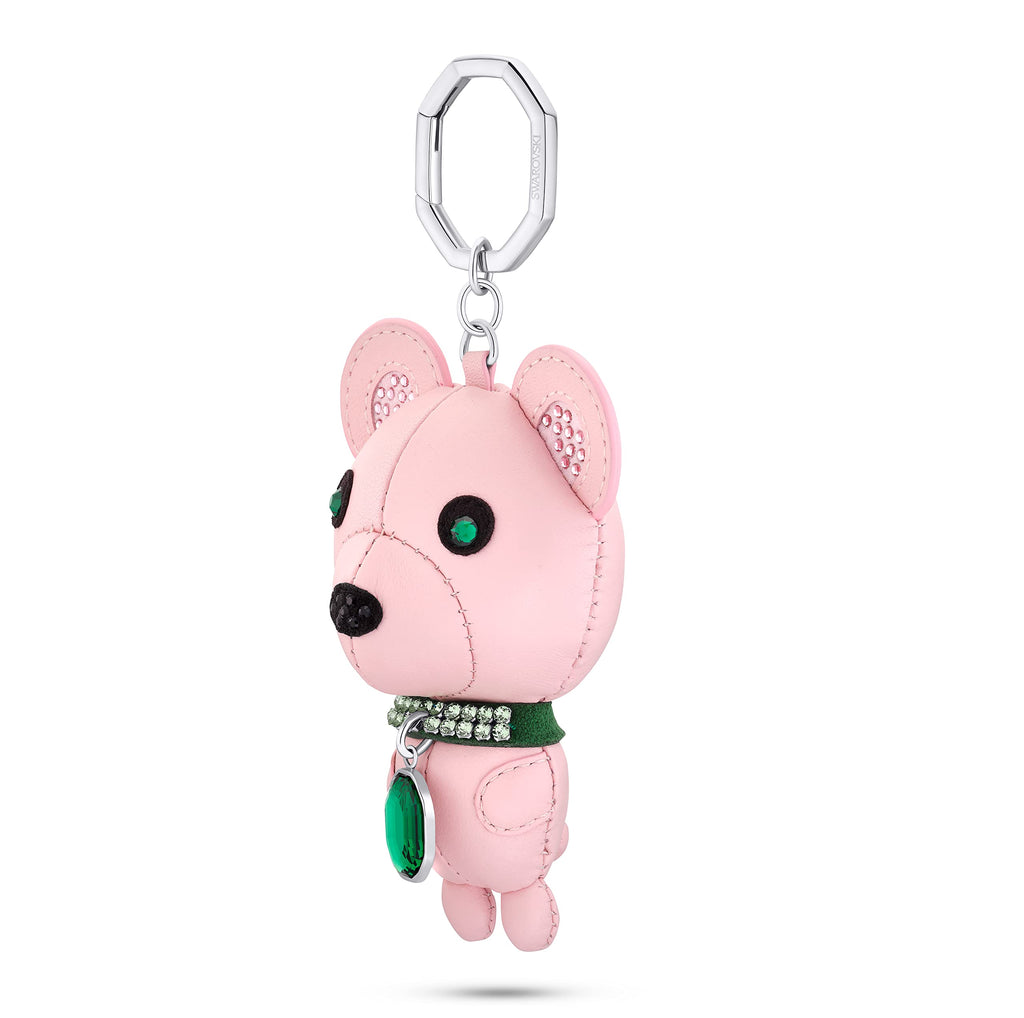 Stainless Steel 3D Crystal Bear Key Ring with Pink Leather
