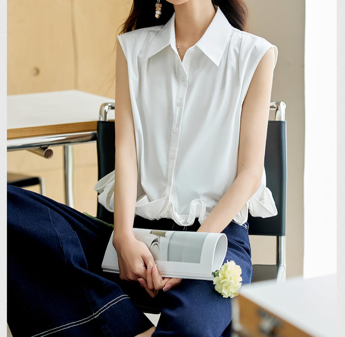 GUTEDFPO Women's Lapel Splicing Petal Hem Button Sleeveless T-Shirt Summer Fashion Shirt Loose Casual Top