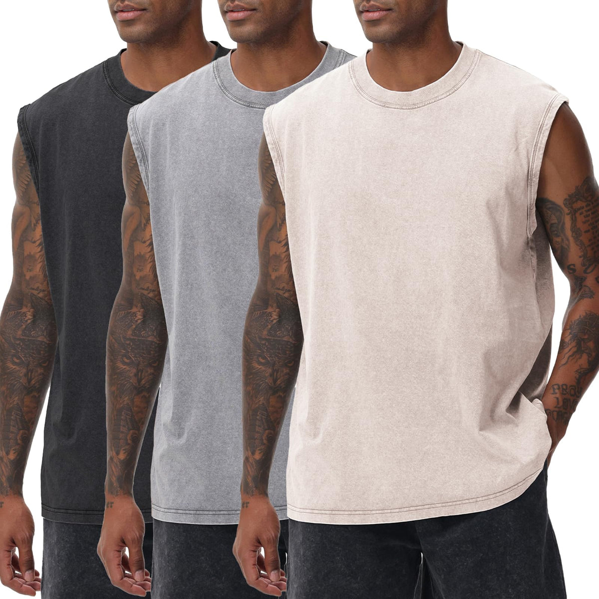 SnowElve Mens Workout Tank Tops Sleeveless Tee Shirts Men Muscle Shirt Gym Acid Wash T Shirts Running Beach Loose Fit Tee