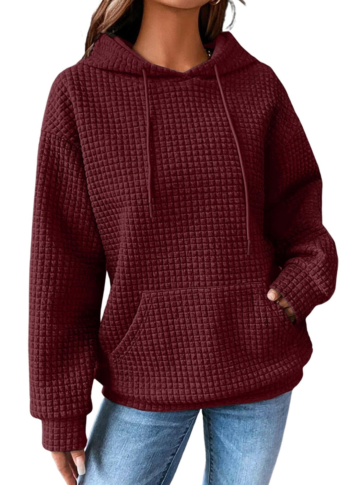 SHEWIN Women's Waffle Knit Pullover Hoodie Sweatshirt