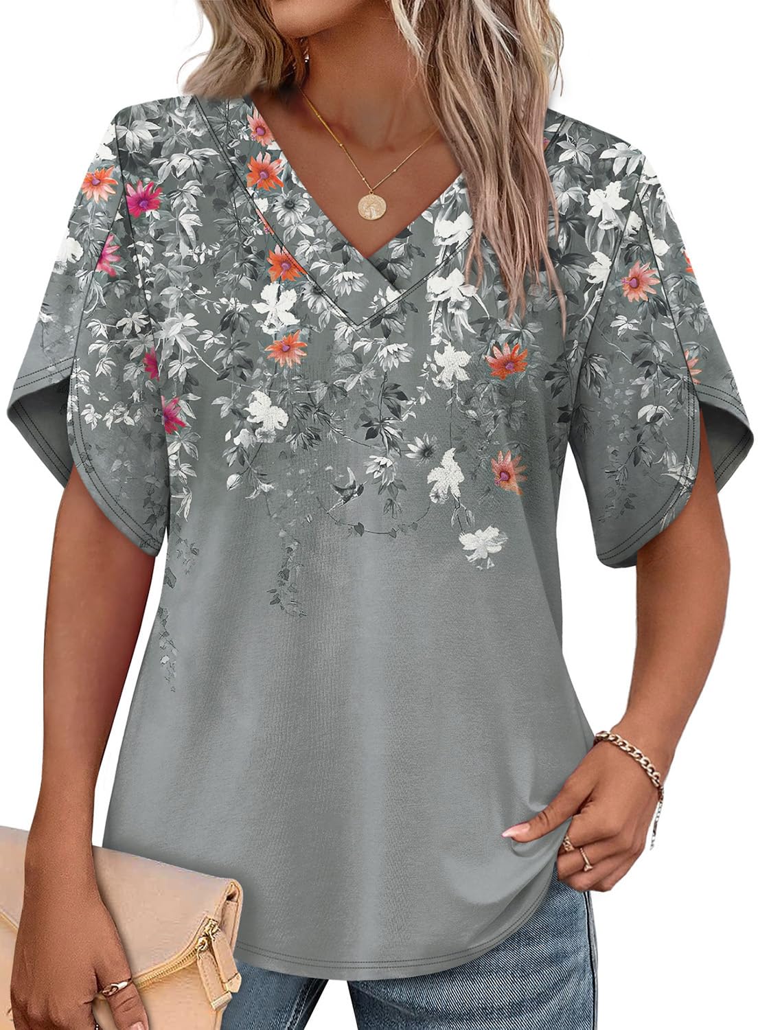 WIHOLL Women's V-Neck Petal Sleeve Summer Blouse Top