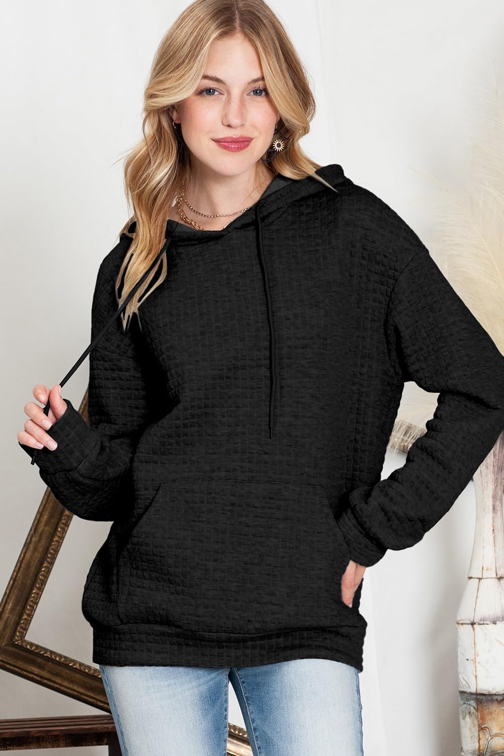 SHEWIN Women Fall Waffle Hoodies Pullover Tops Hooded Sweatshirt
