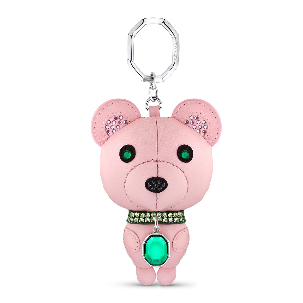 Stainless Steel 3D Crystal Bear Key Ring with Pink Leather