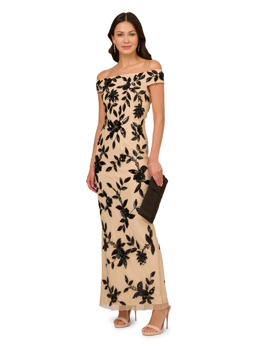 Adrianna Papell Women's Beaded Mesh Long Dress