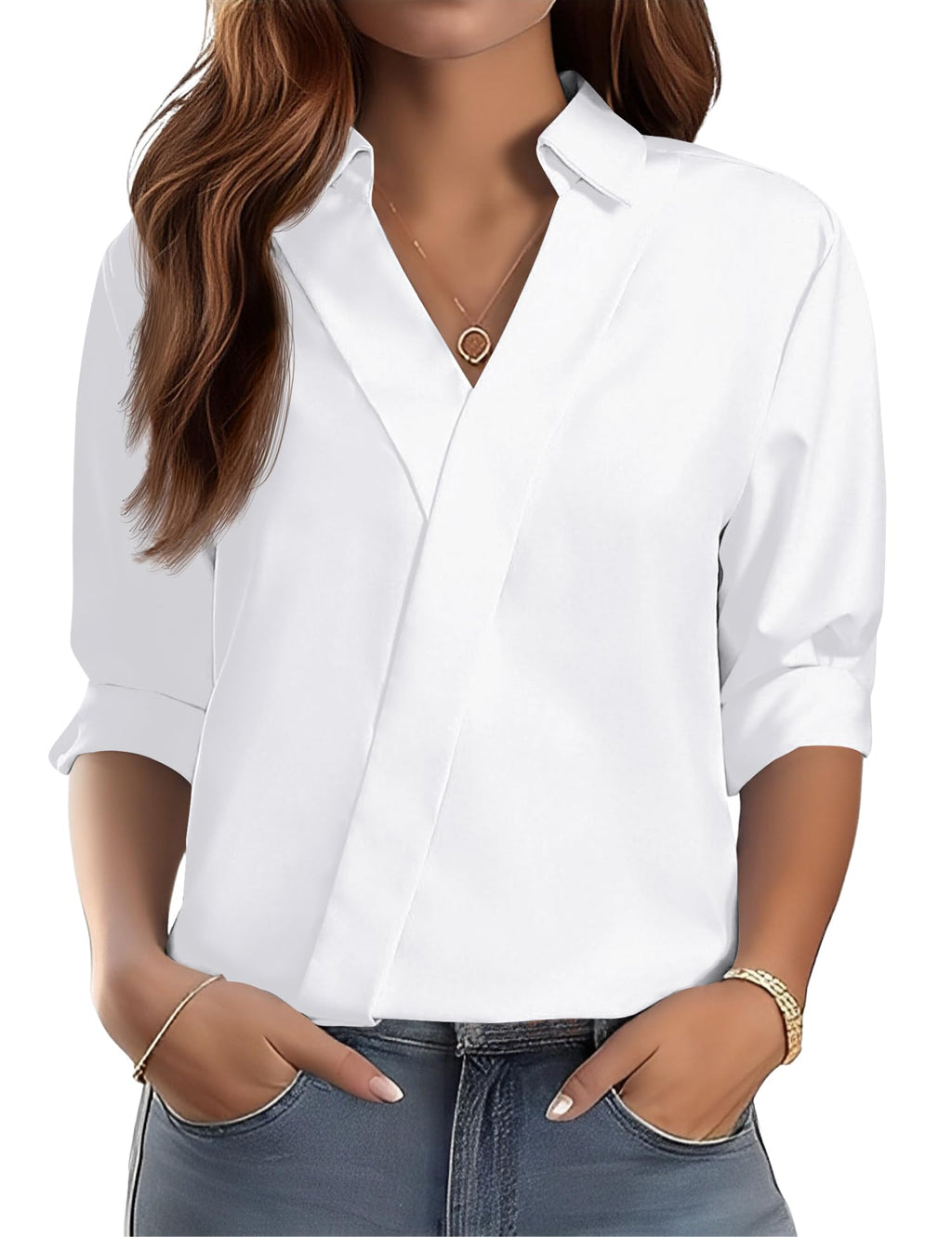 LOMON 3/4 Length Sleeve Womens Tops Dressy V Neck Collared Dress Shirts