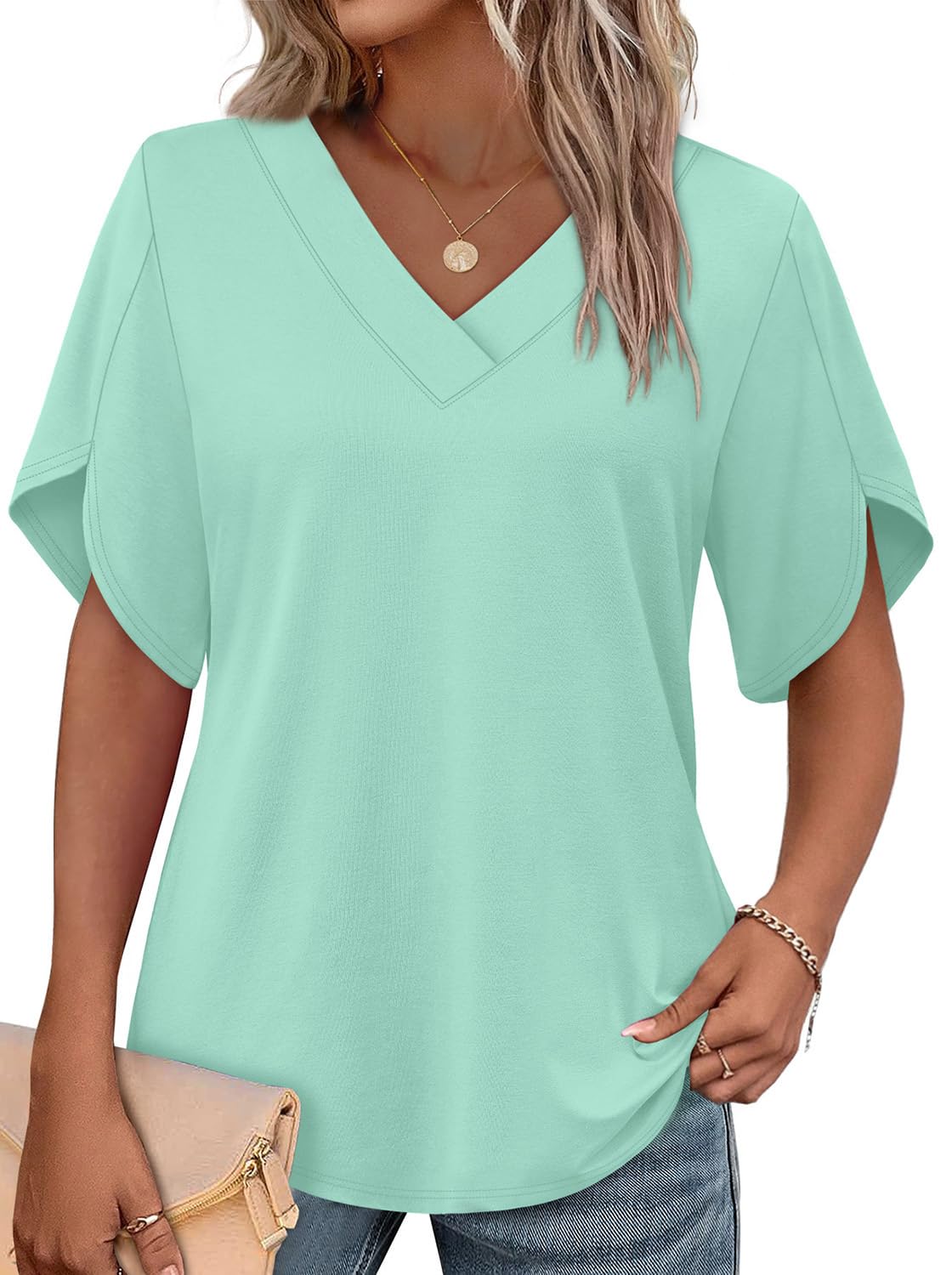 WIHOLL Women's V-Neck Petal Sleeve Summer Blouse Top
