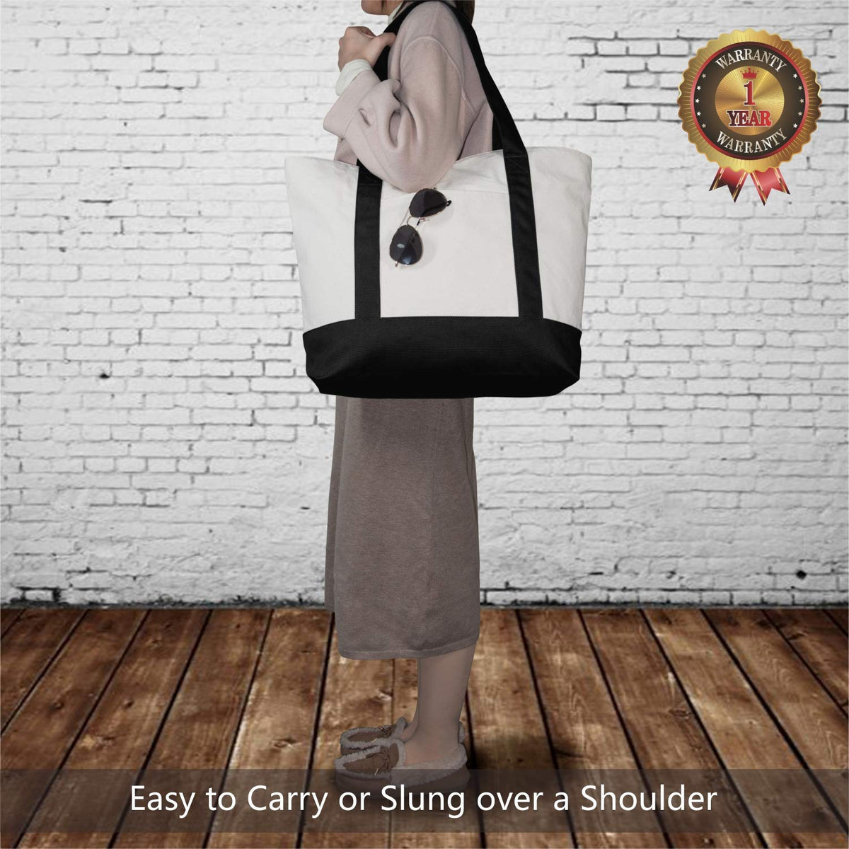 TOPDesign 30-Pack Canvas Tote Bags with an External Pocket, Reusable Grocery Shopping Bags, Top Zipper Closure, Daily Essentials (Black/Natural)