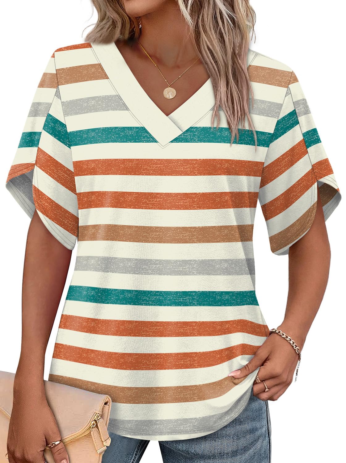 WIHOLL Women's V-Neck Petal Sleeve Summer Blouse Top