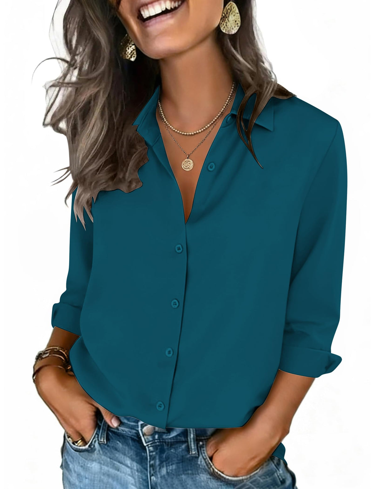 Zeagoo Women's V-Neck 3/4 Sleeve Button-Down Blouse