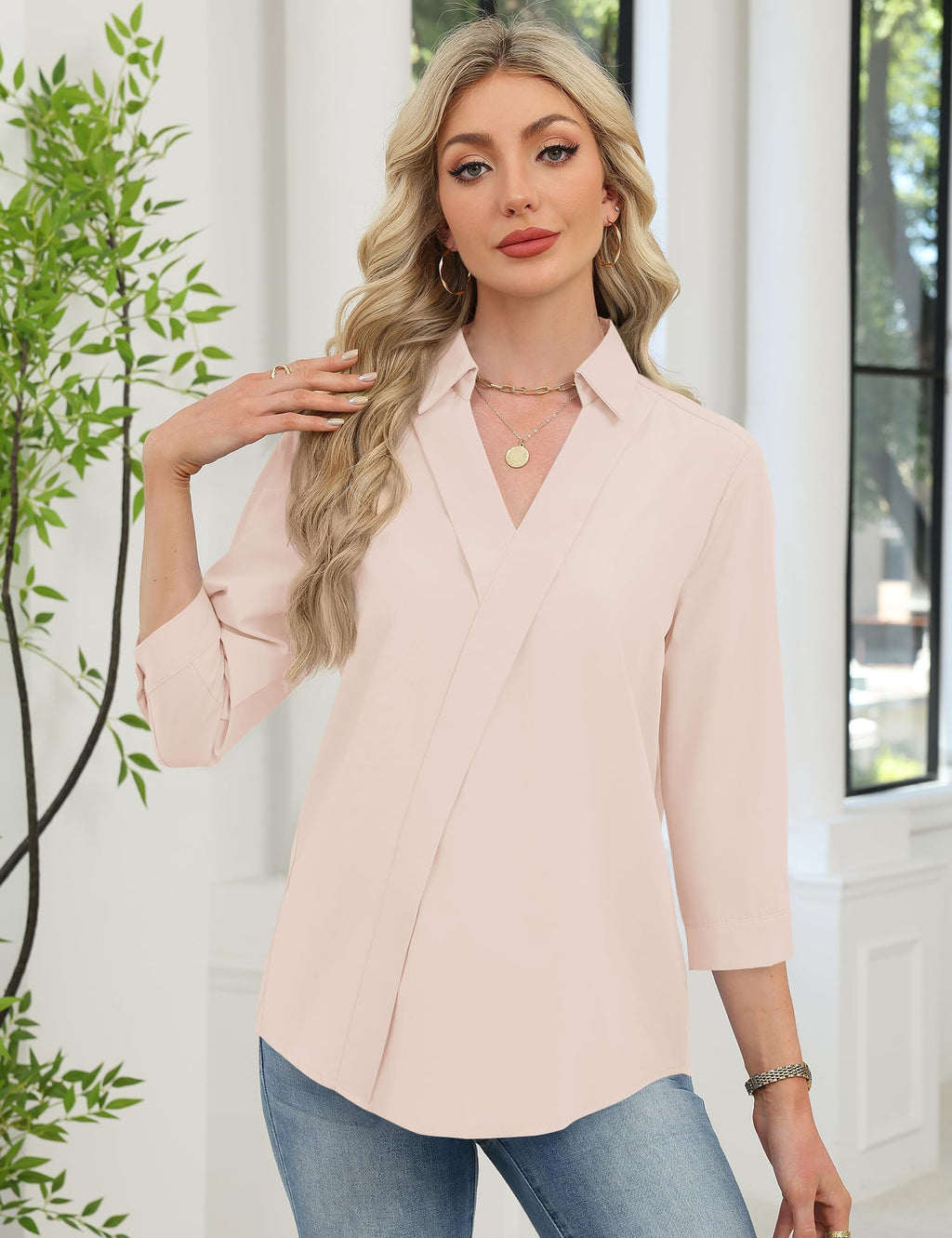LOMON 3/4 Length Sleeve Womens Tops Dressy V Neck Collared Dress Shirts