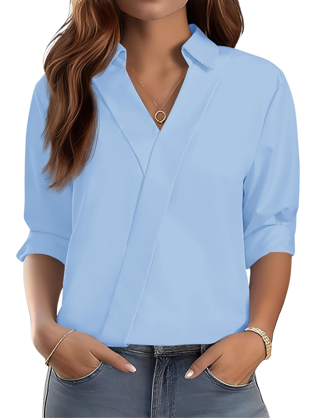 LOMON 3/4 Length Sleeve Womens Tops Dressy V Neck Collared Dress Shirts