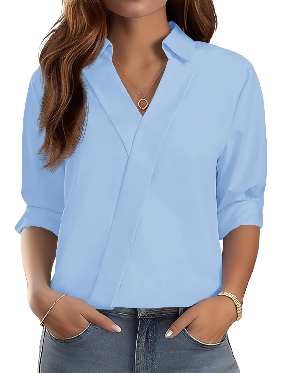 LOMON 3/4 Length Sleeve Womens Tops Dressy V Neck Collared Dress Shirts