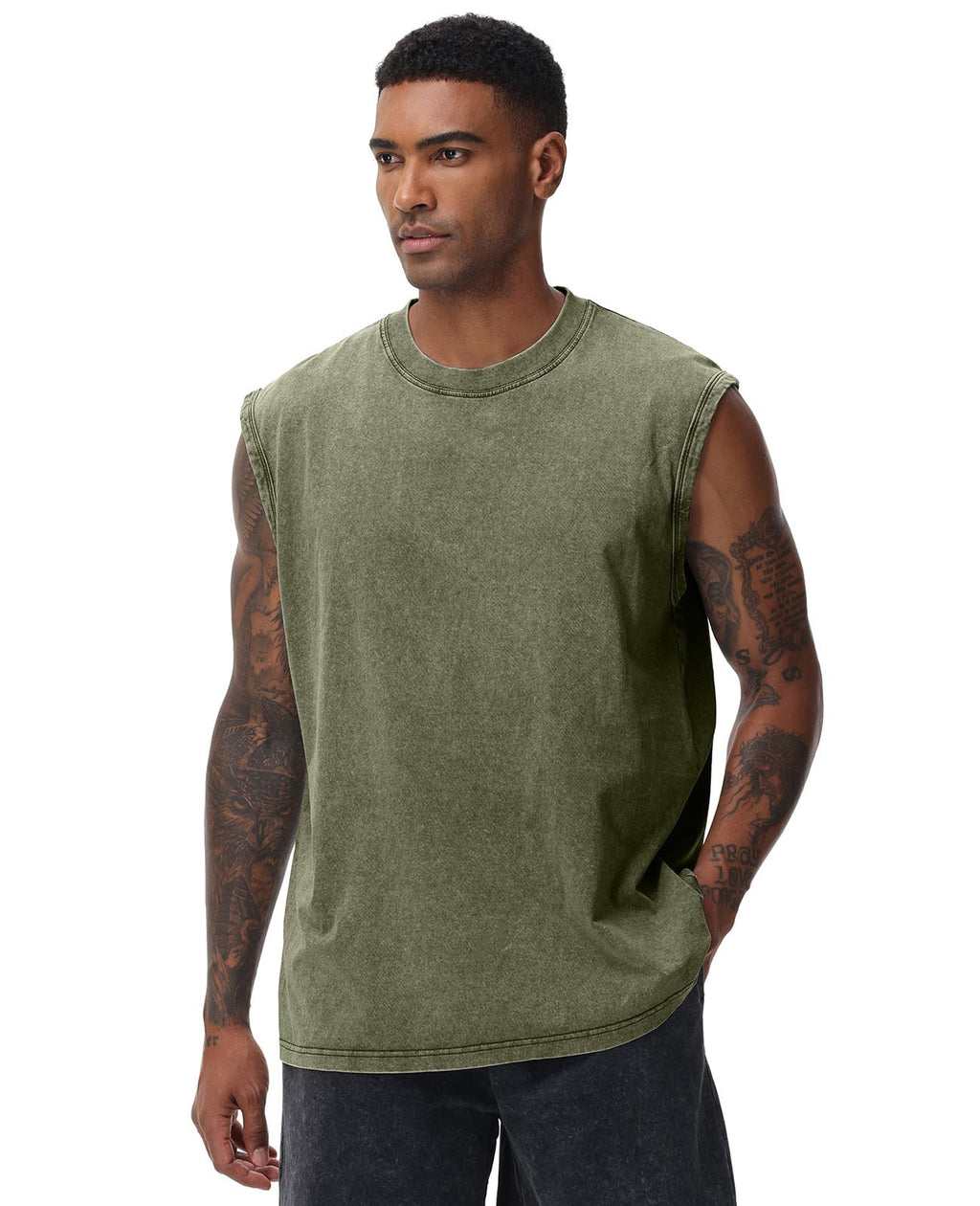 SnowElve Mens Workout Tank Tops Sleeveless Tee Shirts Men Muscle Shirt Gym Acid Wash T Shirts Running Beach Loose Fit Tee