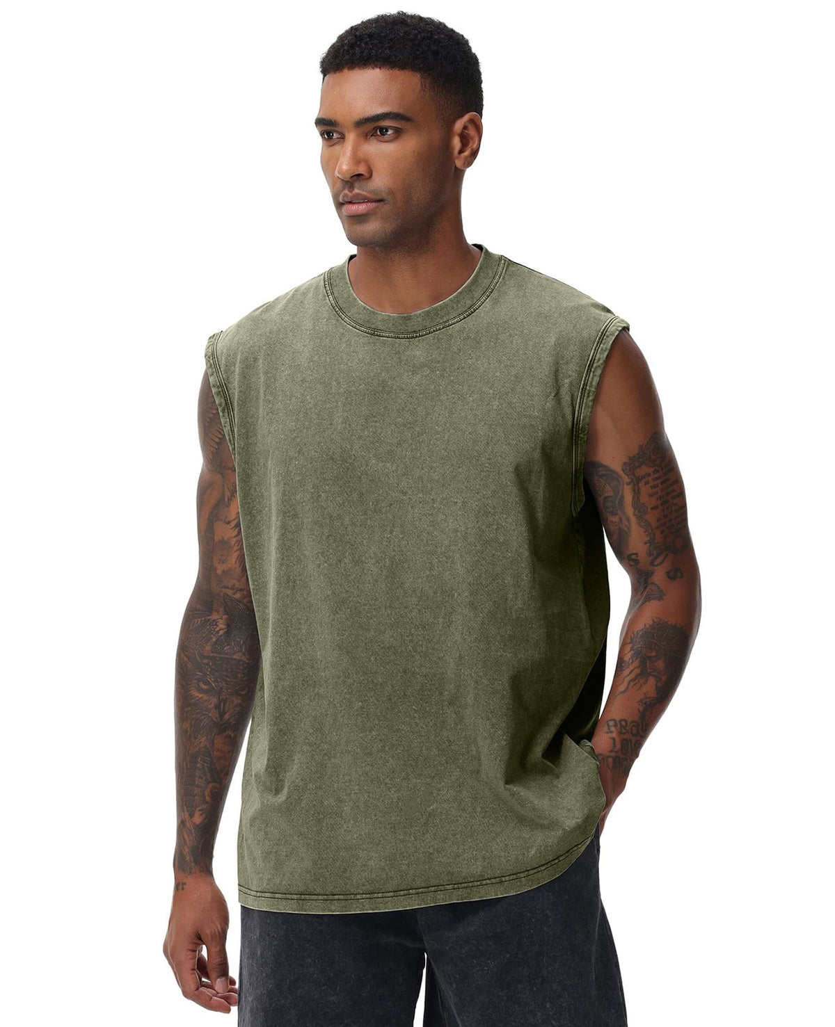SnowElve Mens Workout Tank Tops Sleeveless Tee Shirts Men Muscle Shirt Gym Acid Wash T Shirts Running Beach Loose Fit Tee
