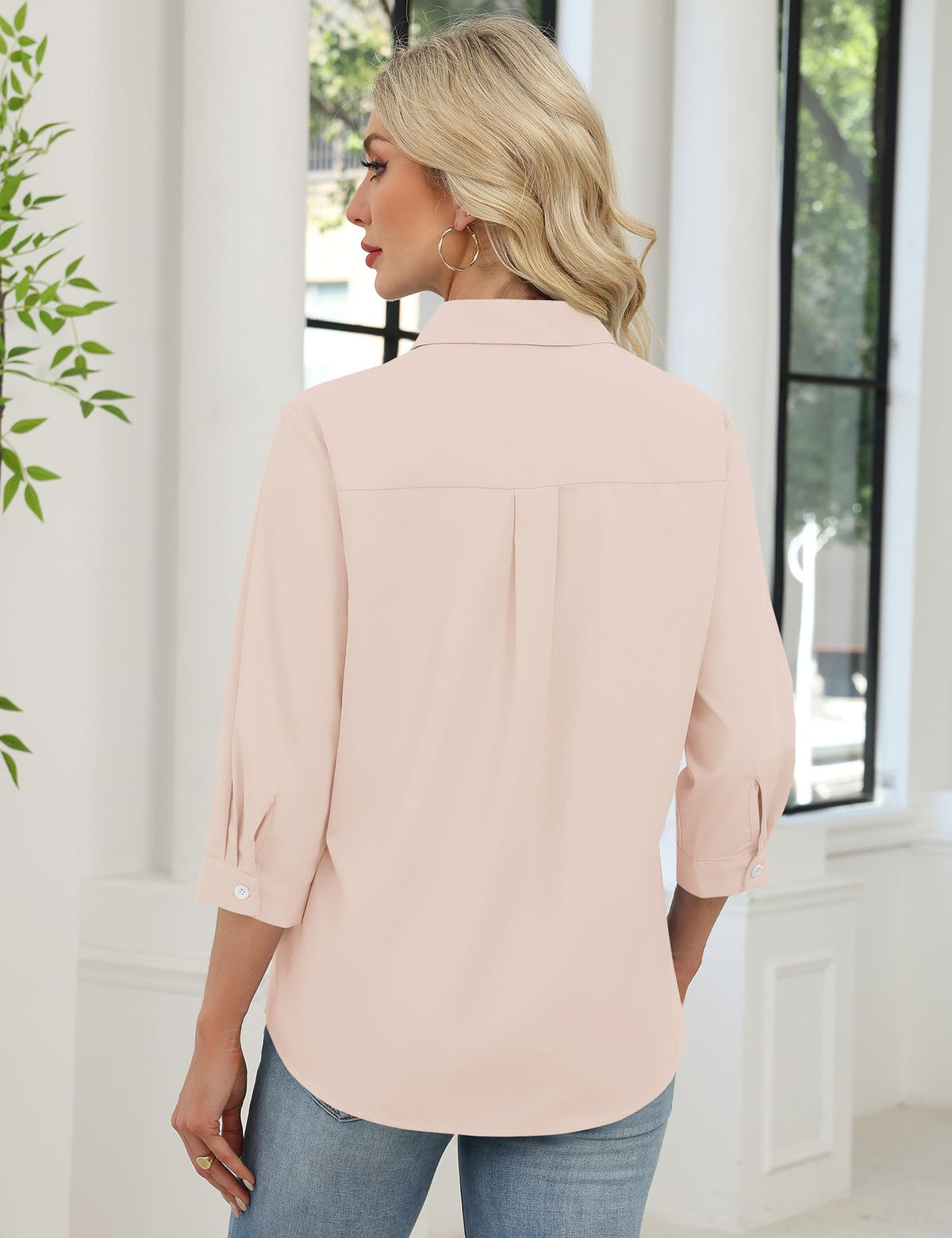 LOMON 3/4 Length Sleeve Womens Tops Dressy V Neck Collared Dress Shirts