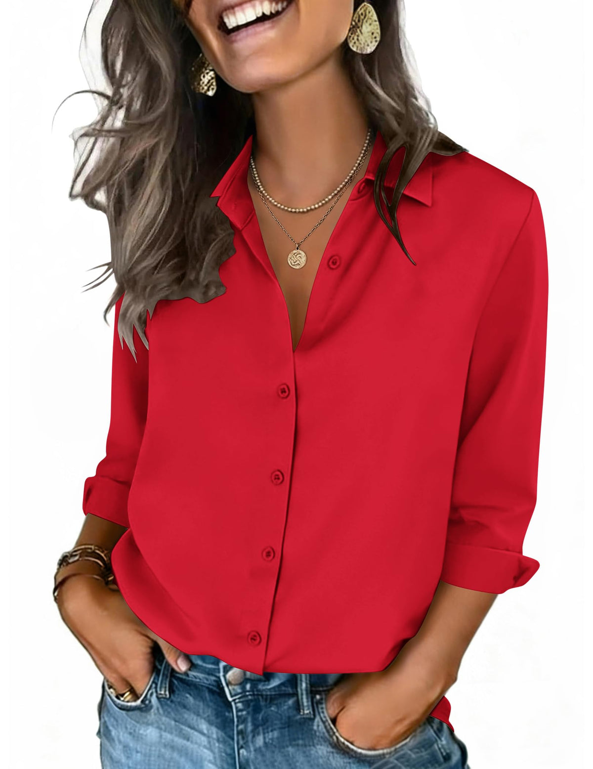 Zeagoo Women's V-Neck 3/4 Sleeve Button-Down Blouse