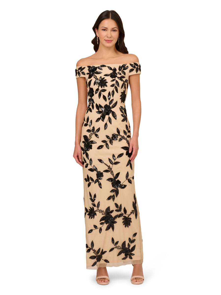 Adrianna Papell Women's Beaded Mesh Maxi Dress