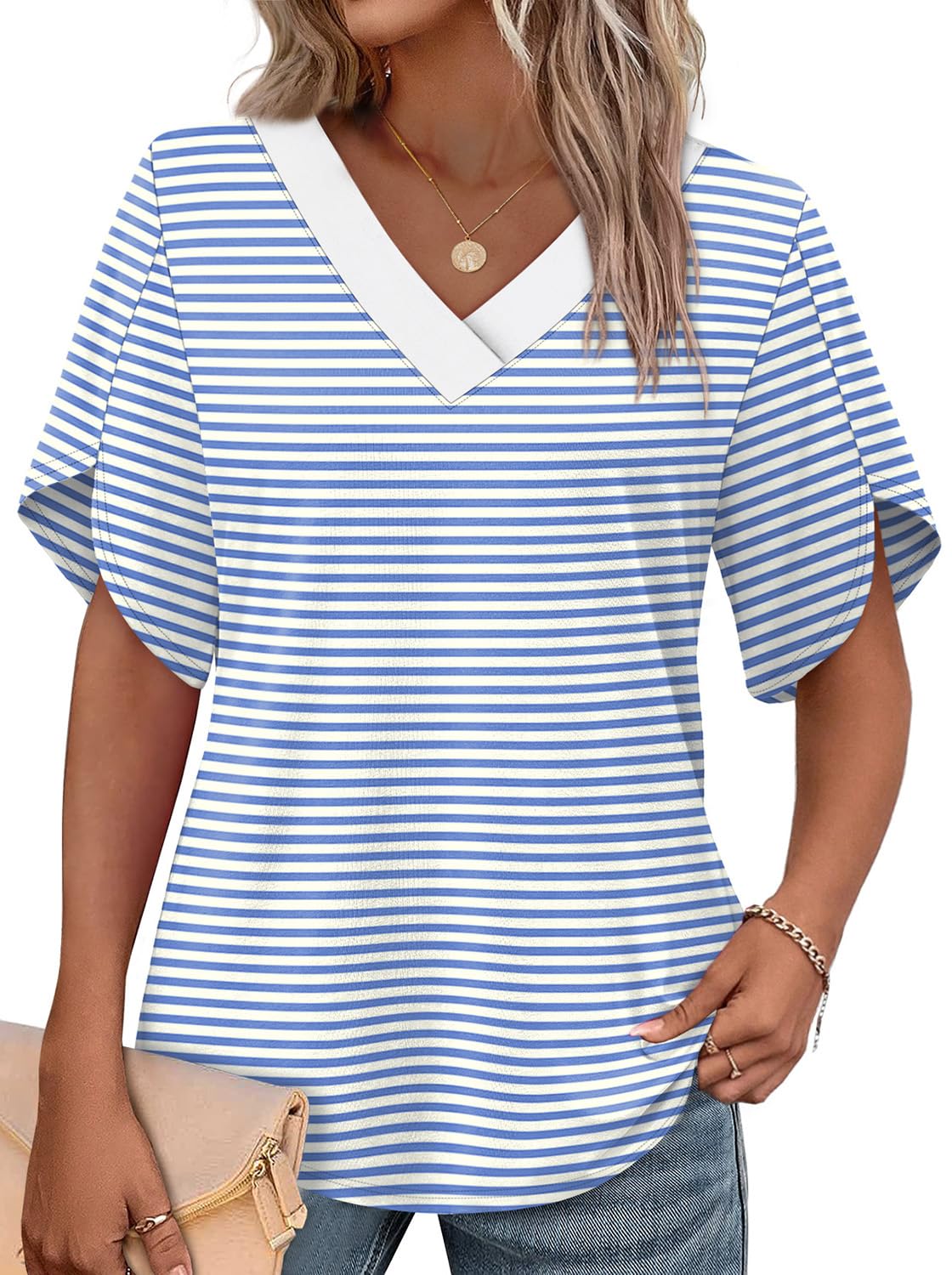 WIHOLL Women's V-Neck Petal Sleeve Summer Blouse Top