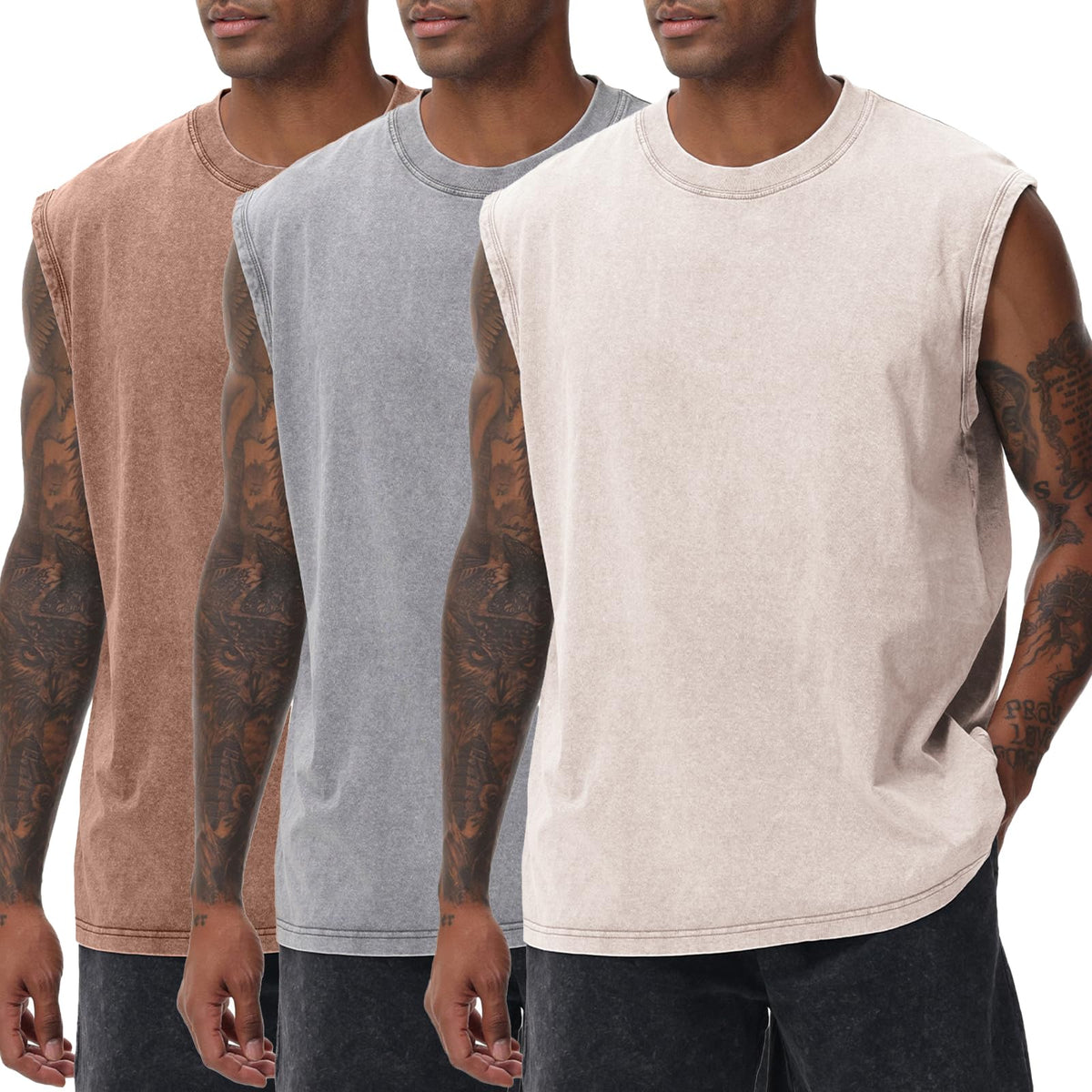 SnowElve Mens Workout Tank Tops Sleeveless Tee Shirts Men Muscle Shirt Gym Acid Wash T Shirts Running Beach Loose Fit Tee