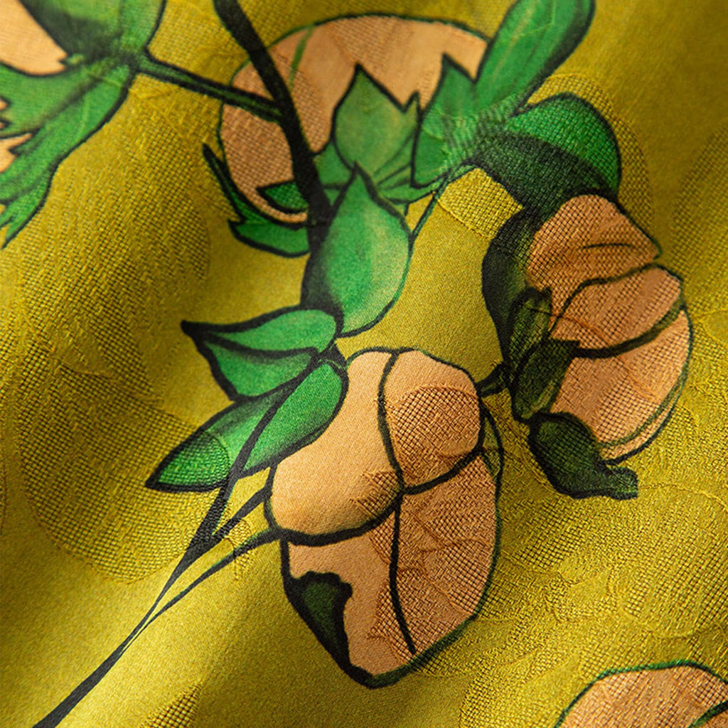 HangErFeng Premium Silk Blouse Xiangyunsha Women Short Sleeve Peony Jacquard Floral Bud Print Green 591