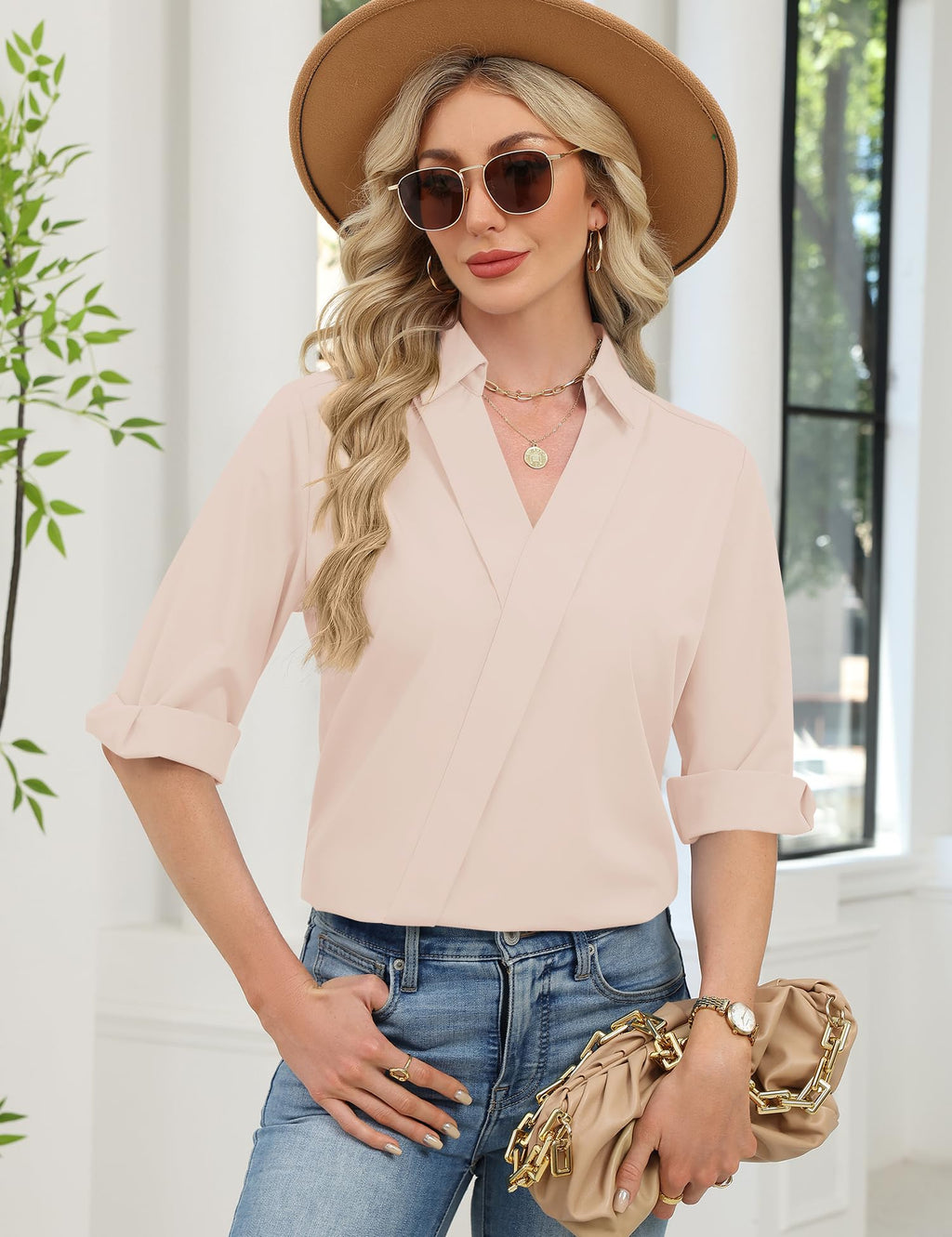 LOMON 3/4 Length Sleeve Womens Tops Dressy V Neck Collared Dress Shirts