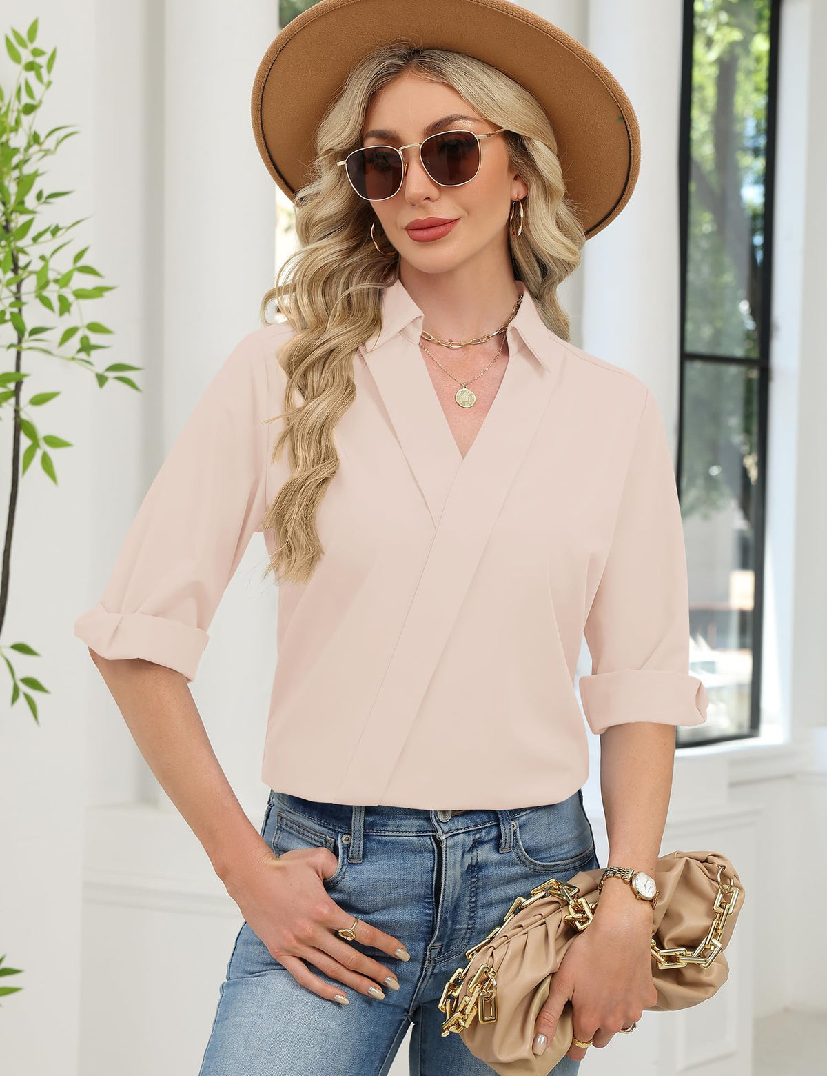 LOMON 3/4 Length Sleeve Womens Tops Dressy V Neck Collared Dress Shirts