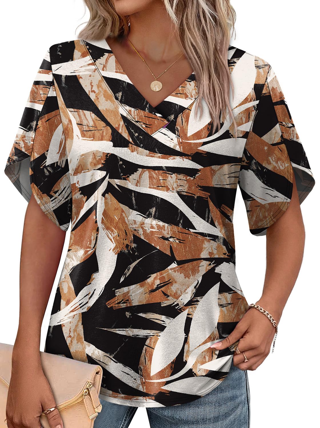 WIHOLL Women's V-Neck Petal Sleeve Summer Blouse Top