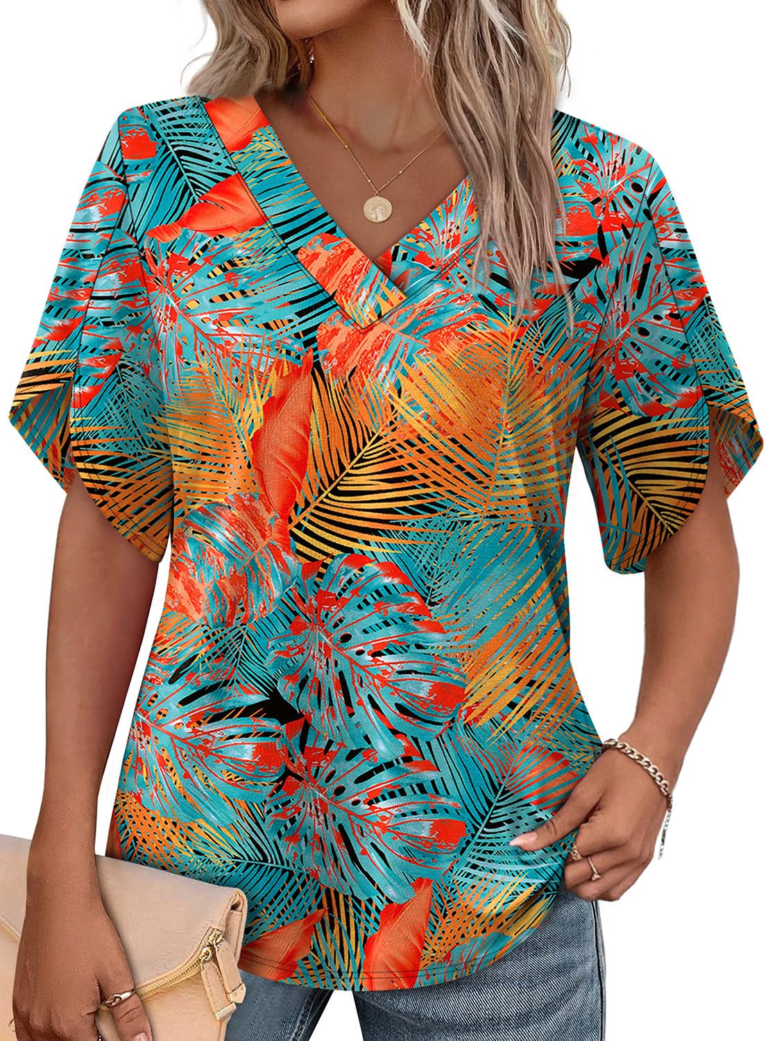 WIHOLL Women's V-Neck Petal Sleeve Summer Blouse Top