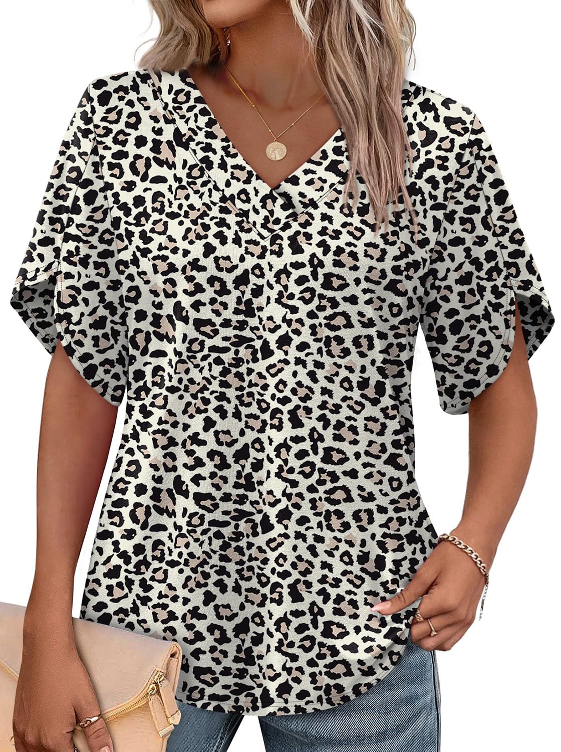 WIHOLL Women's V-Neck Petal Sleeve Summer Blouse Top