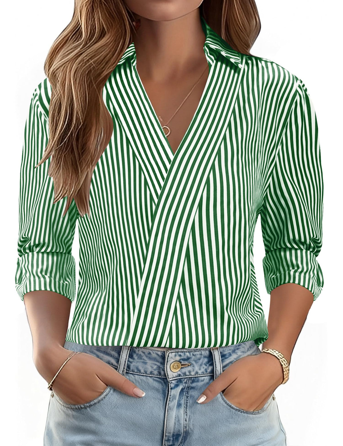 LOMON 3/4 Length Sleeve Womens Tops Dressy V Neck Collared Dress Shirts
