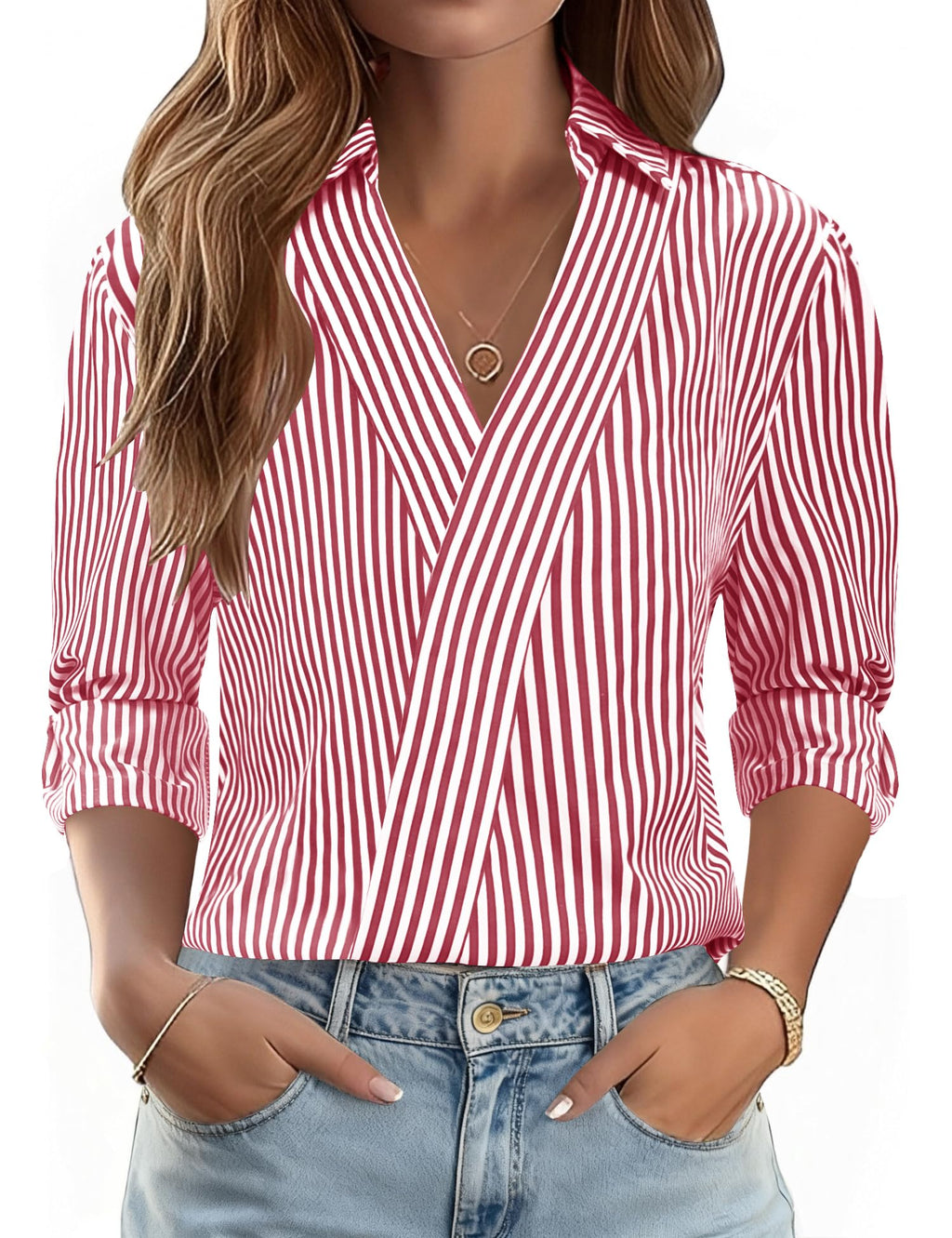 LOMON 3/4 Length Sleeve Womens Tops Dressy V Neck Collared Dress Shirts