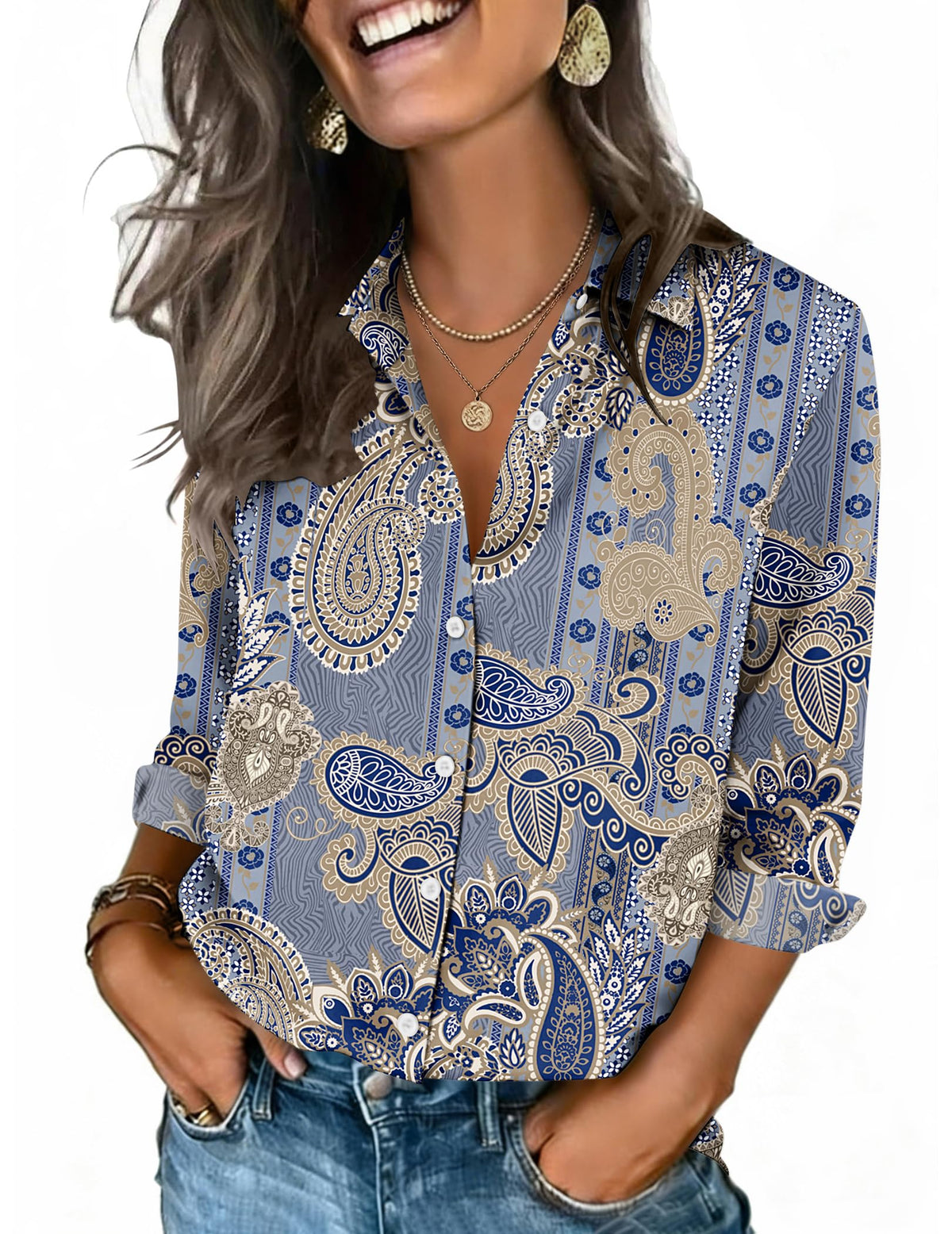 Zeagoo Women's V-Neck 3/4 Sleeve Button-Down Blouse
