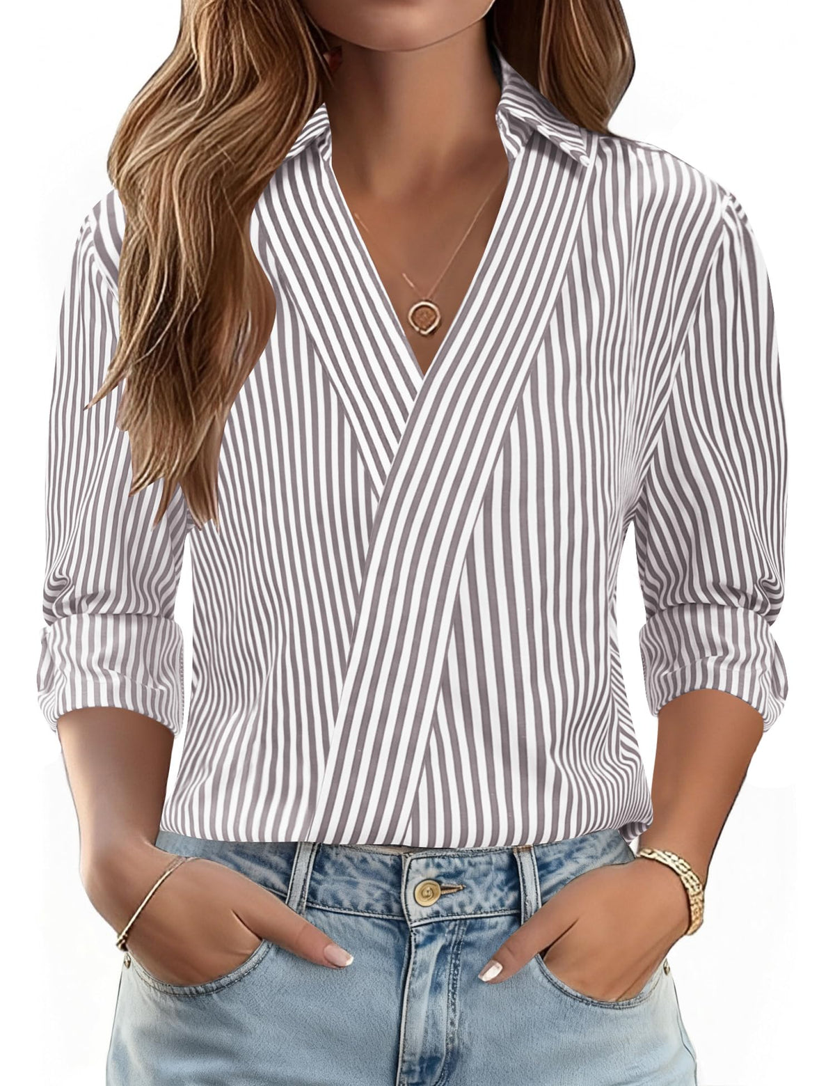 LOMON 3/4 Length Sleeve Womens Tops Dressy V Neck Collared Dress Shirts