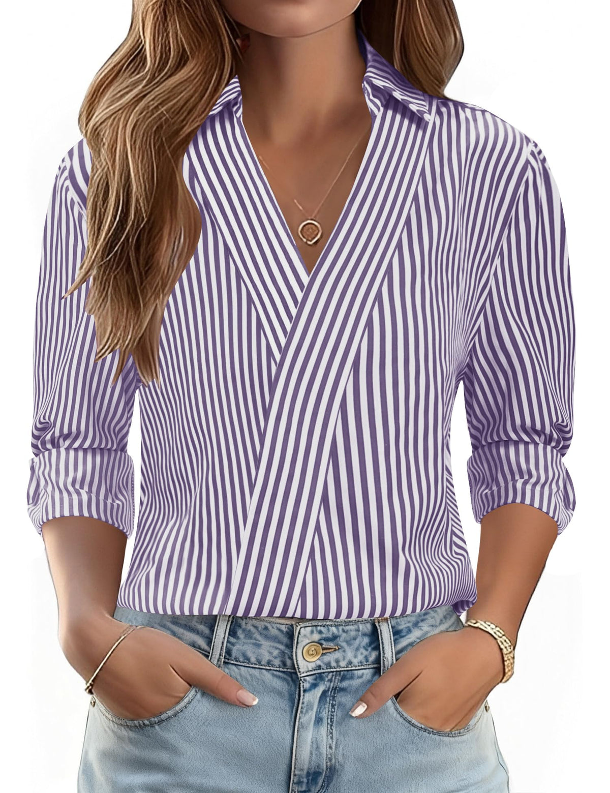LOMON 3/4 Length Sleeve Womens Tops Dressy V Neck Collared Dress Shirts