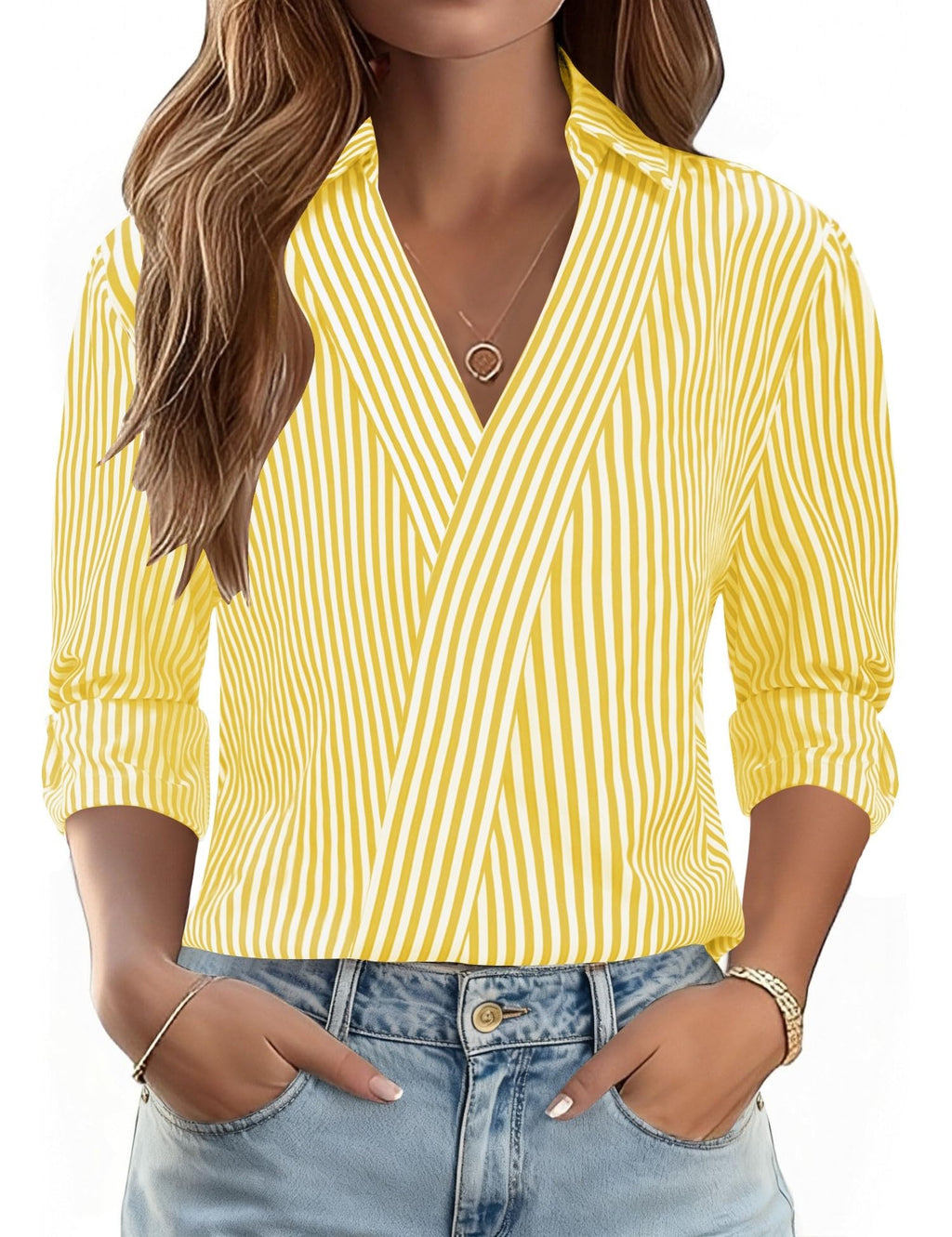 LOMON 3/4 Length Sleeve Womens Tops Dressy V Neck Collared Dress Shirts
