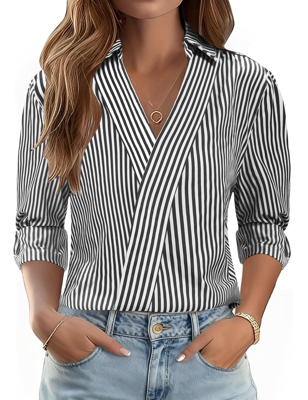 LOMON 3/4 Length Sleeve Womens Tops Dressy V Neck Collared Dress Shirts