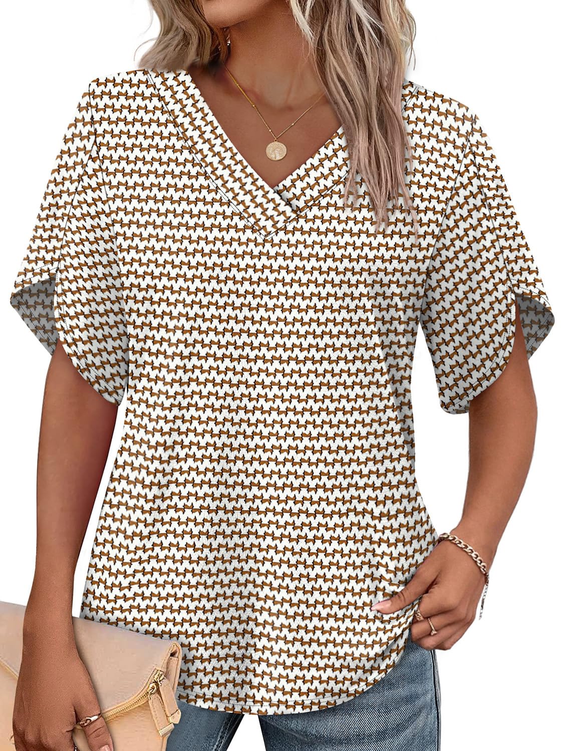WIHOLL Women's V-Neck Petal Sleeve Summer Blouse Top